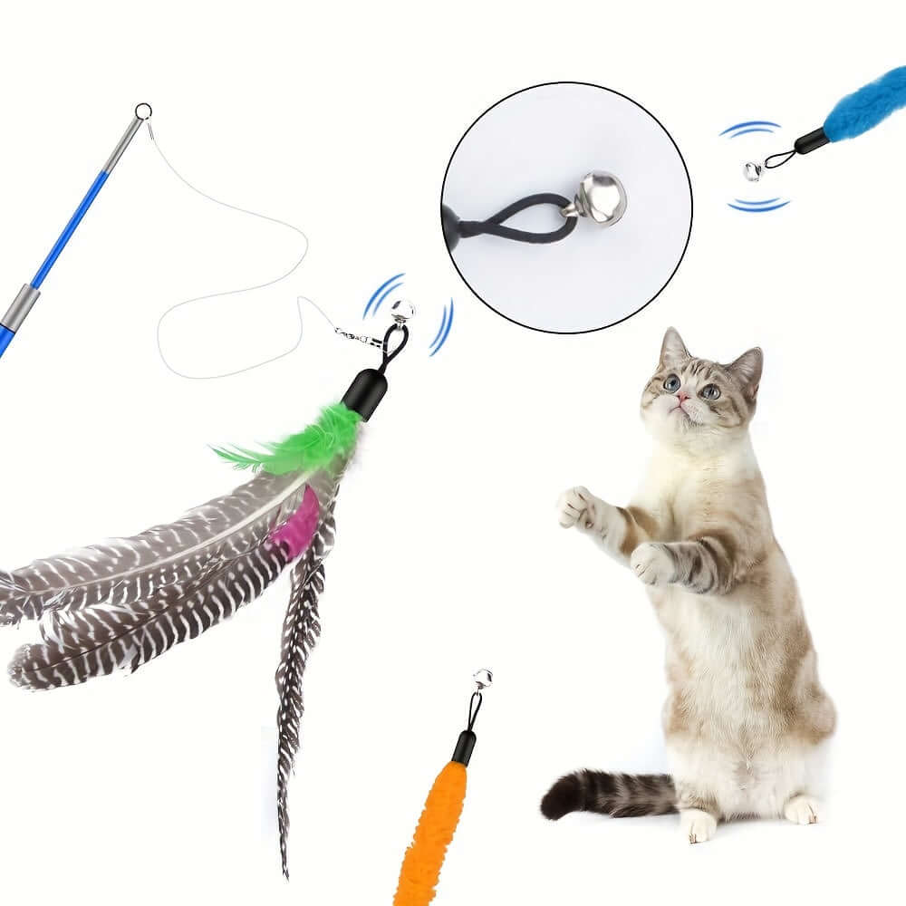 Cat Feather Toys, 2PCS Retractable Cat Wand Toy and 13PCS Replacement Teaser with Bell Refills, Interactive Cat Wand for Kitten