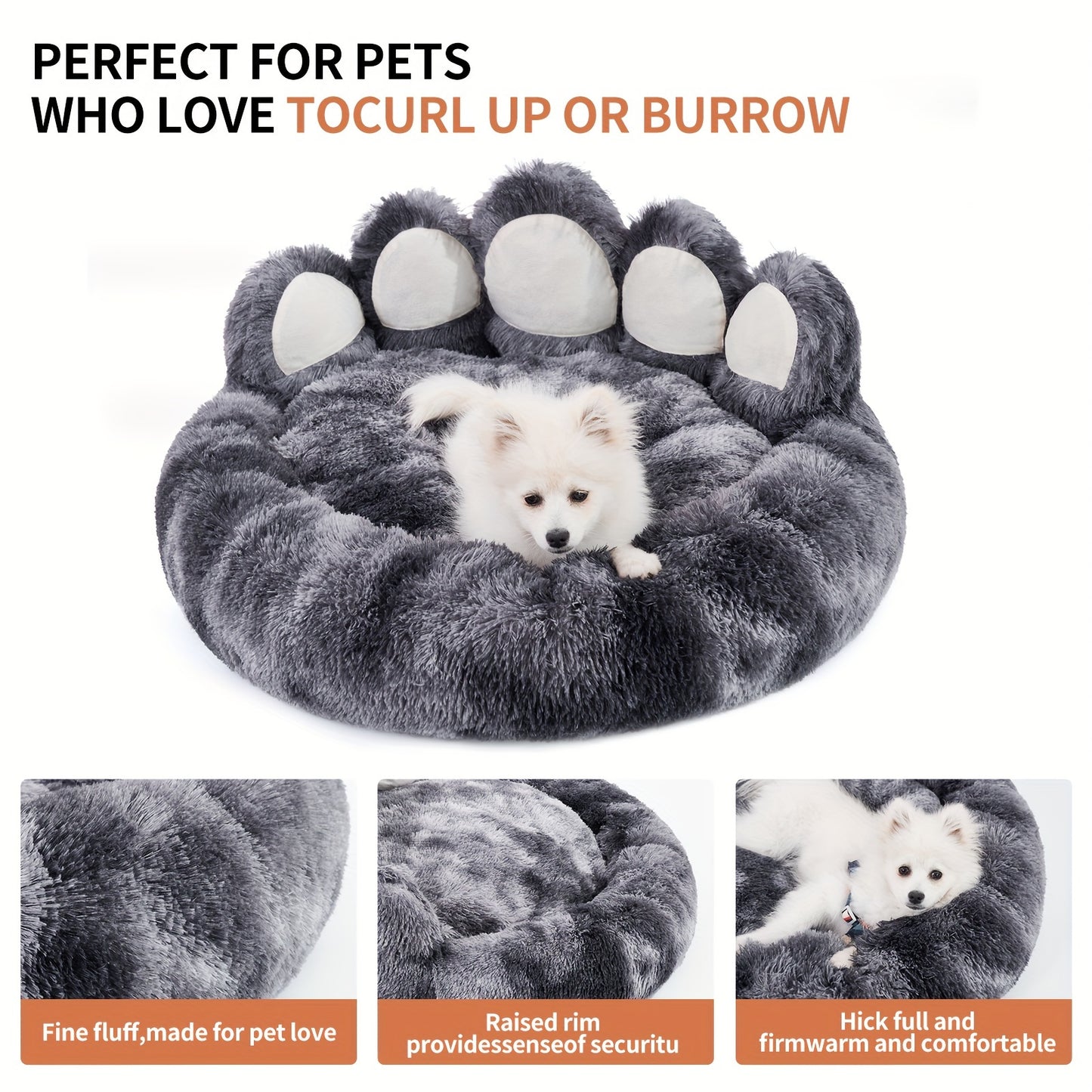 Deep Sleeping Plush Dog Bed in Paw Shape Calming Donut Design for Small Medium Dogs Faux Fur Cat Bed for Deep Sleeping Pet Sofa