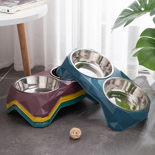 Double Stainless-Steel Pet Bowls Set Diamond Design Raised Stand Large Capacity Feeding Dish for Dogs