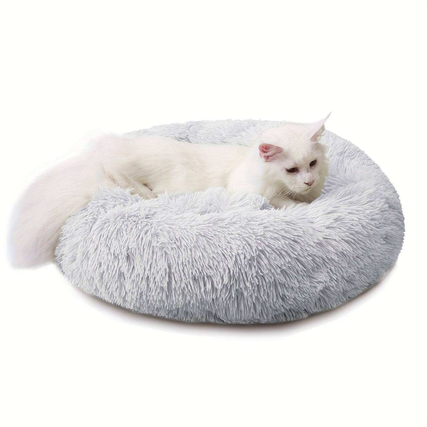 Faux Fur Plush Round Dog Cat Bed Donut Cuddler for Improved Sleep Light Grey Self-Warming Cozy Pet Cushion for Large Medium Small Dogs