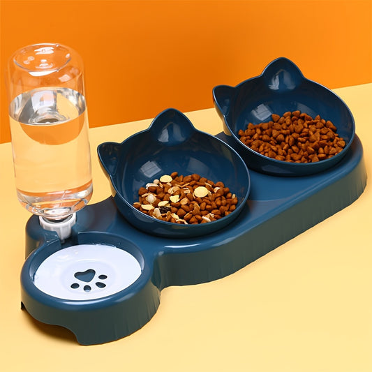 Tilted Pet Bowl Set with Gravity Water Bottle 3 in 1 Design for Cats Dogs Neck Protection Easy Clean Hygienic