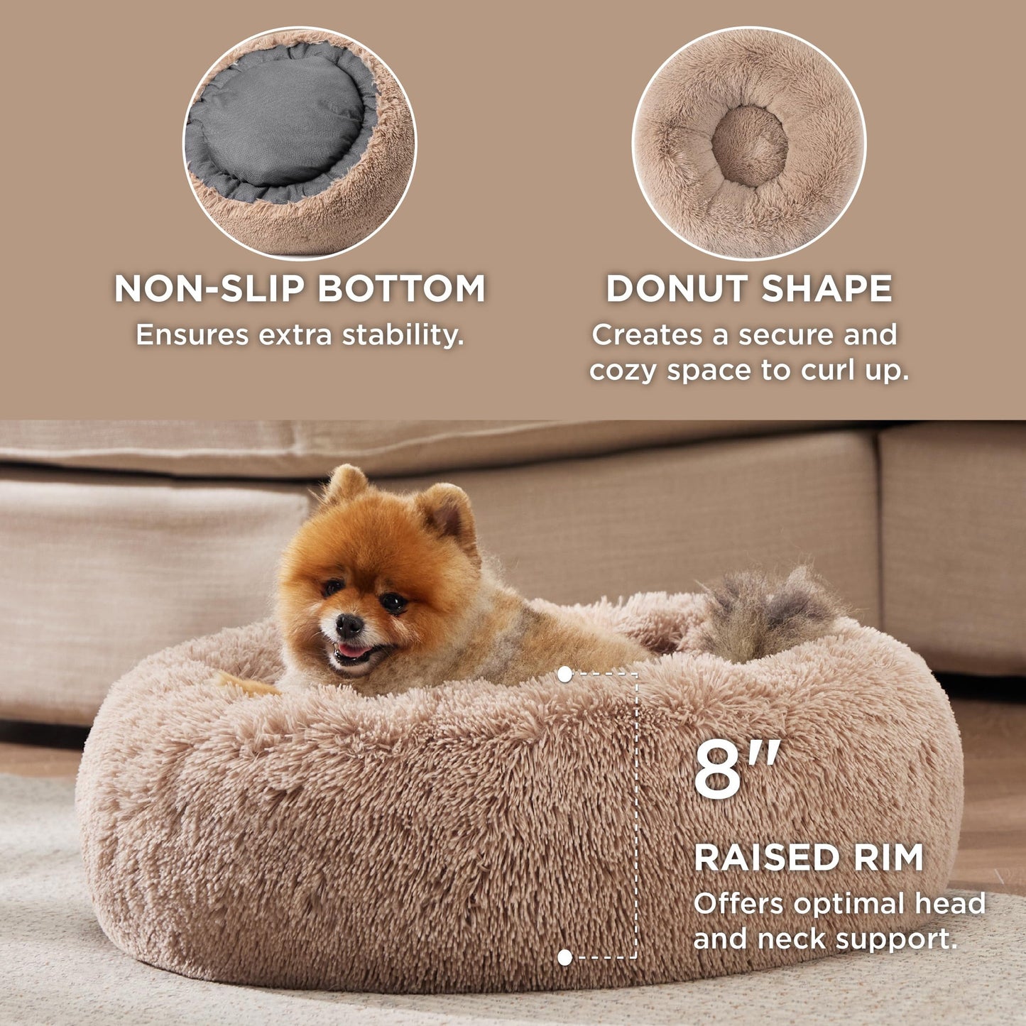 Cozy Anti-Anxiety Donut Cuddler Bed Plush Faux Fur Cushion for Dogs and Cats Calming Warming Design for Small Medium Large Pets