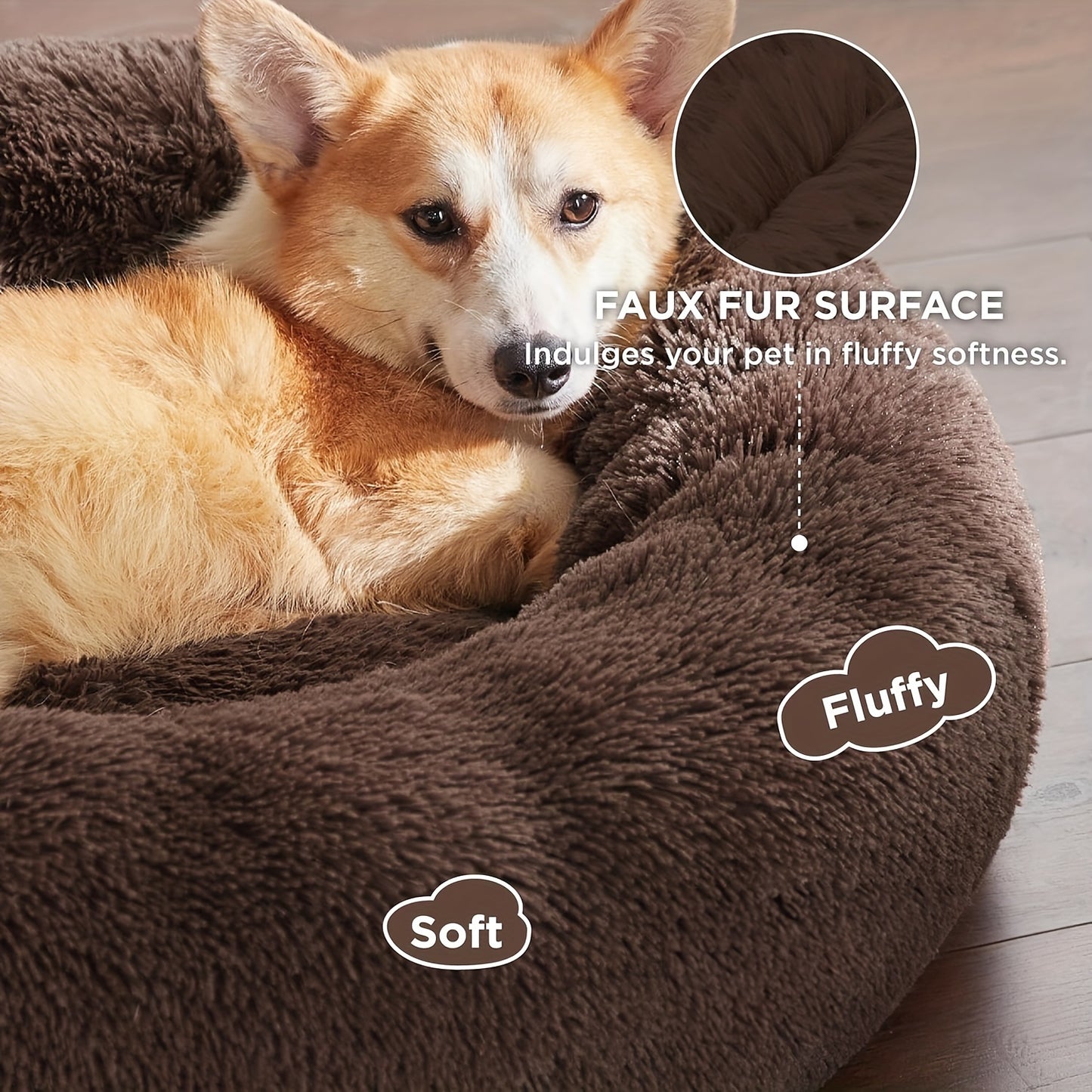 Cozy Anti-Anxiety Donut Cuddler Bed Plush Faux Fur Cushion for Dogs and Cats Calming Warming Design for Small Medium Large Pets