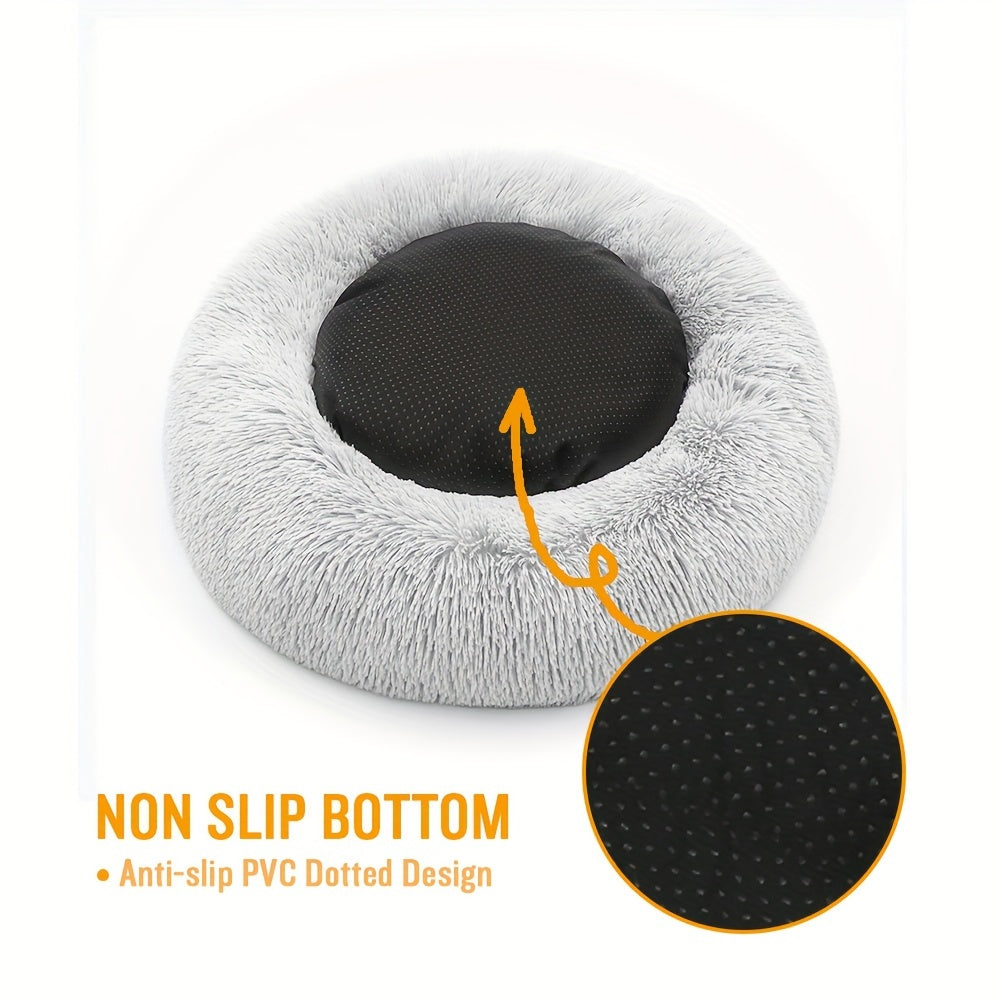 Faux Fur Plush Round Dog Cat Bed Donut Cuddler for Improved Sleep Light Grey Self-Warming Cozy Pet Cushion for Large Medium Small Dogs