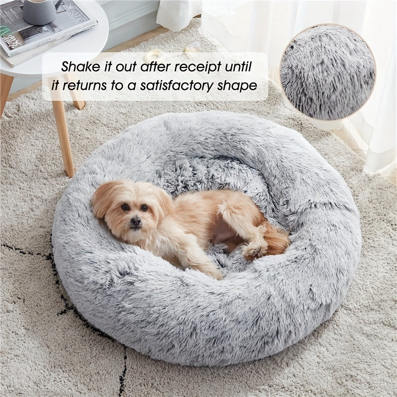 Cozy Anti-Anxiety Donut Cuddler Bed Plush Faux Fur Cushion for Dogs and Cats Calming Warming Design for Small Medium Large Pets