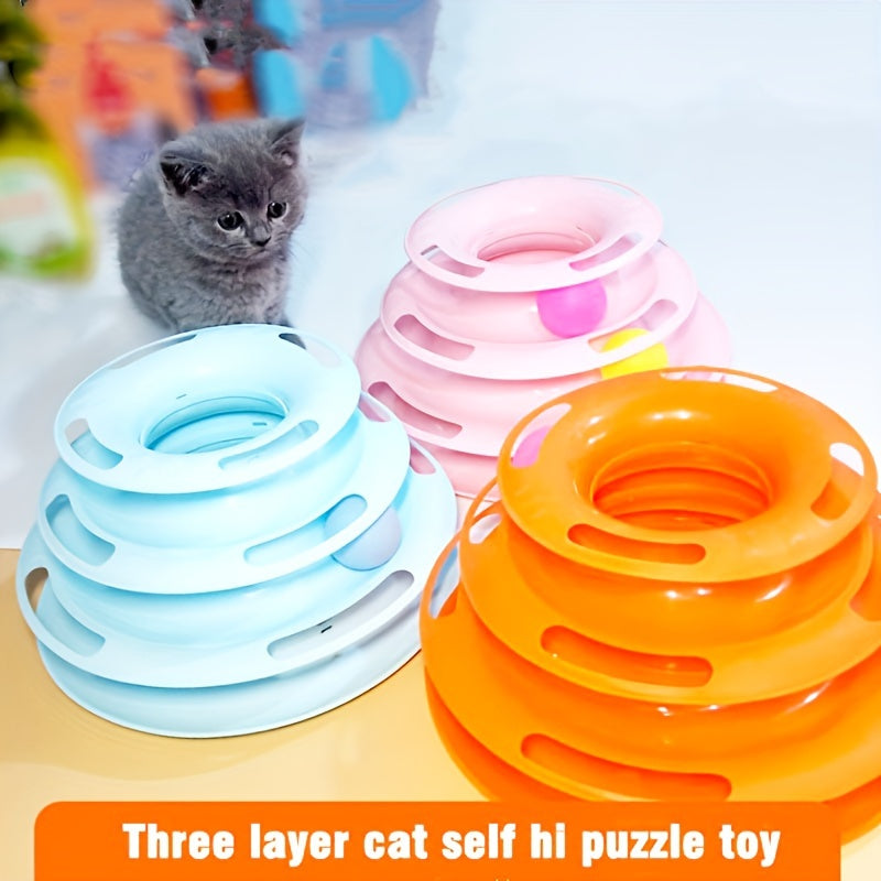 Interactive Three-Layer Turntable Cat Toy with Colorful Balls Puzzle Game for Indoor Cats Exercise and Play