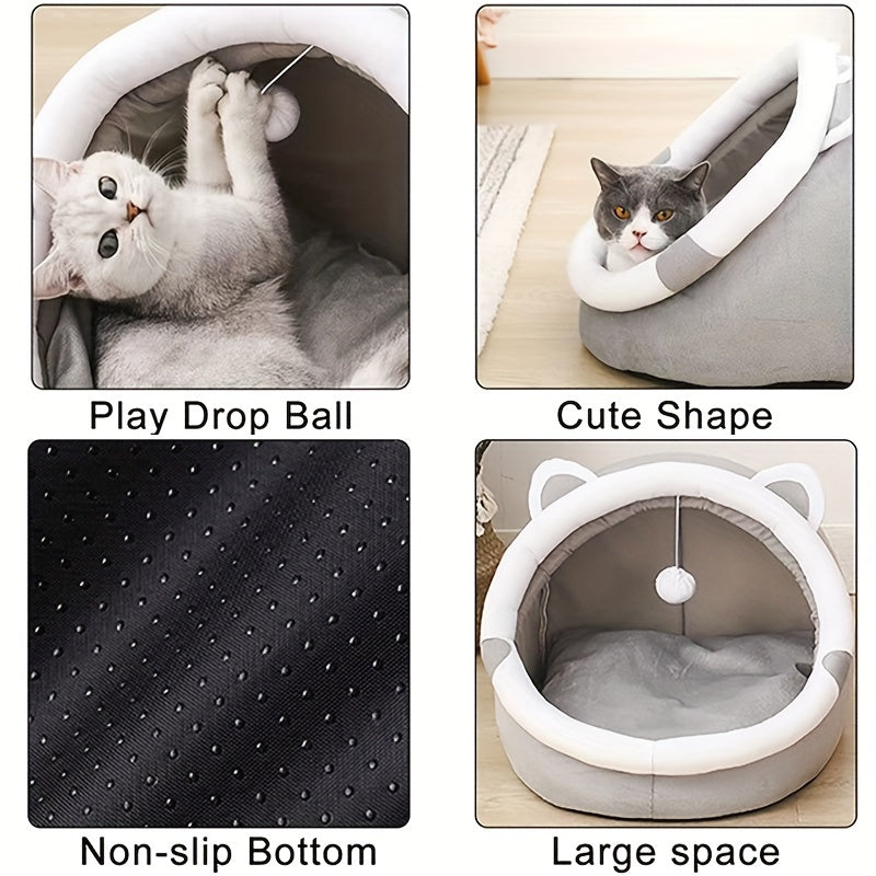 Cute Cartoon Cat Cave Bed - Cozy and Warm Pet House for Your Kitten!