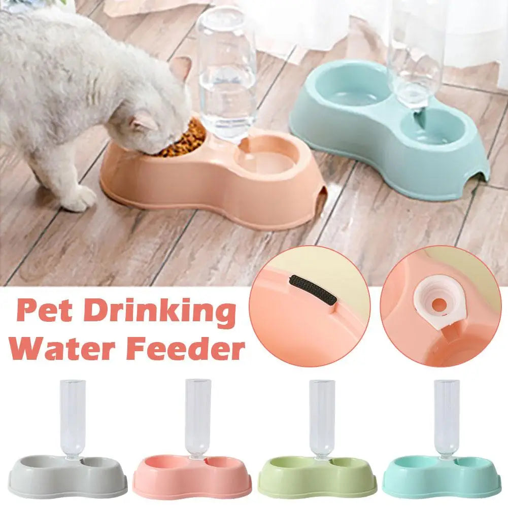 Plastic Double Bowl Pet Feeder for Cats Dogs Automatic Food Utensil with Kettle Non-slip Water Dispenser