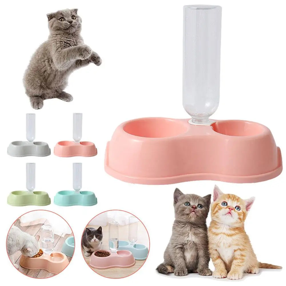 Plastic Double Bowl Pet Feeder for Cats Dogs Automatic Food Utensil with Kettle Non-slip Water Dispenser