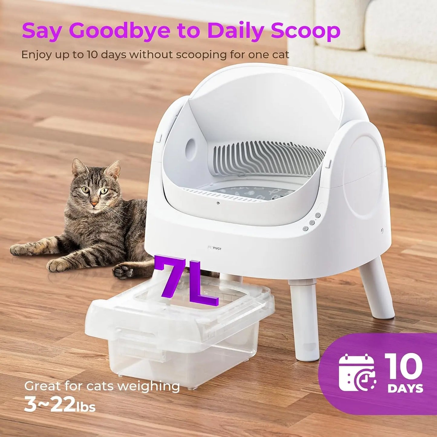 Self Cleaning Cat Litter Box Open Top Litter Box for Multiple Cats Automatic Cat Litter Box with Liners and Mat Included White