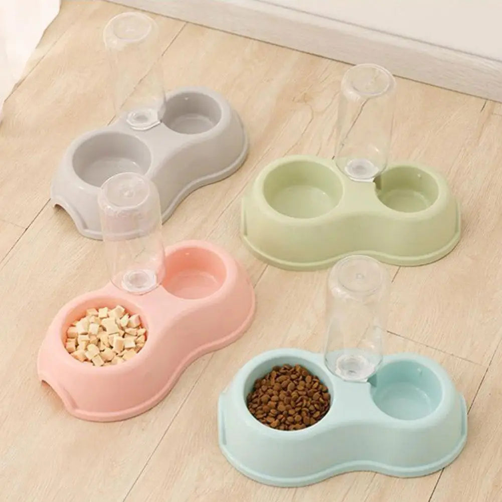 Plastic Double Bowl Pet Feeder for Cats Dogs Automatic Food Utensil with Kettle Non-slip Water Dispenser