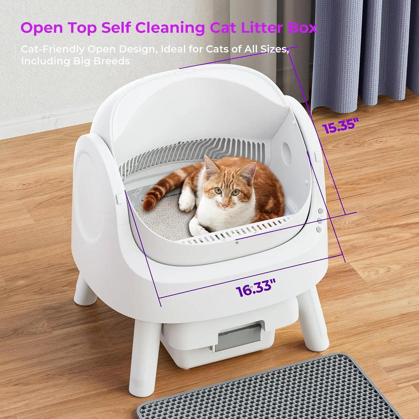 Self Cleaning Cat Litter Box Open Top Litter Box for Multiple Cats Automatic Cat Litter Box with Liners and Mat Included White