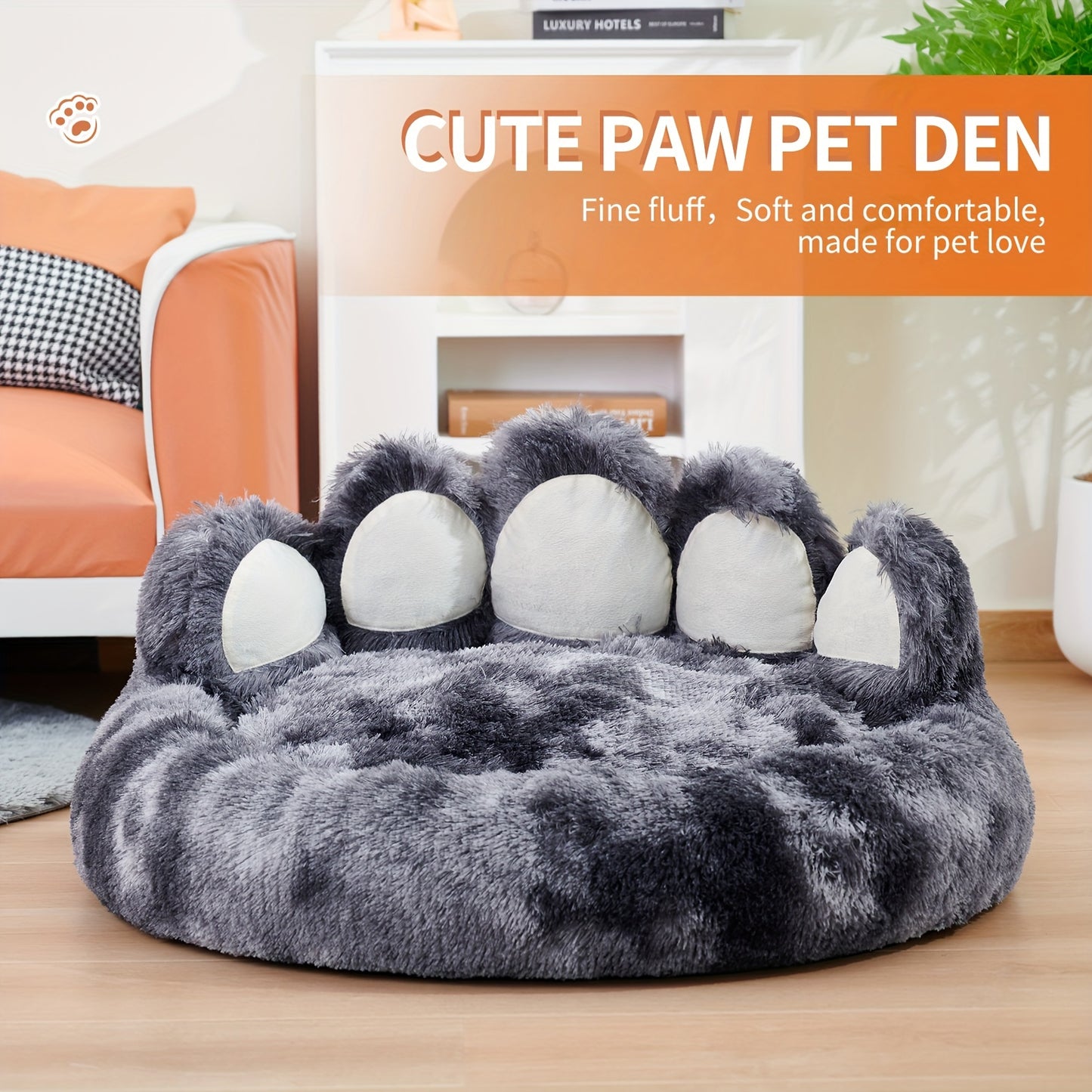 Deep Sleeping Plush Dog Bed in Paw Shape Calming Donut Design for Small Medium Dogs Faux Fur Cat Bed for Deep Sleeping Pet Sofa