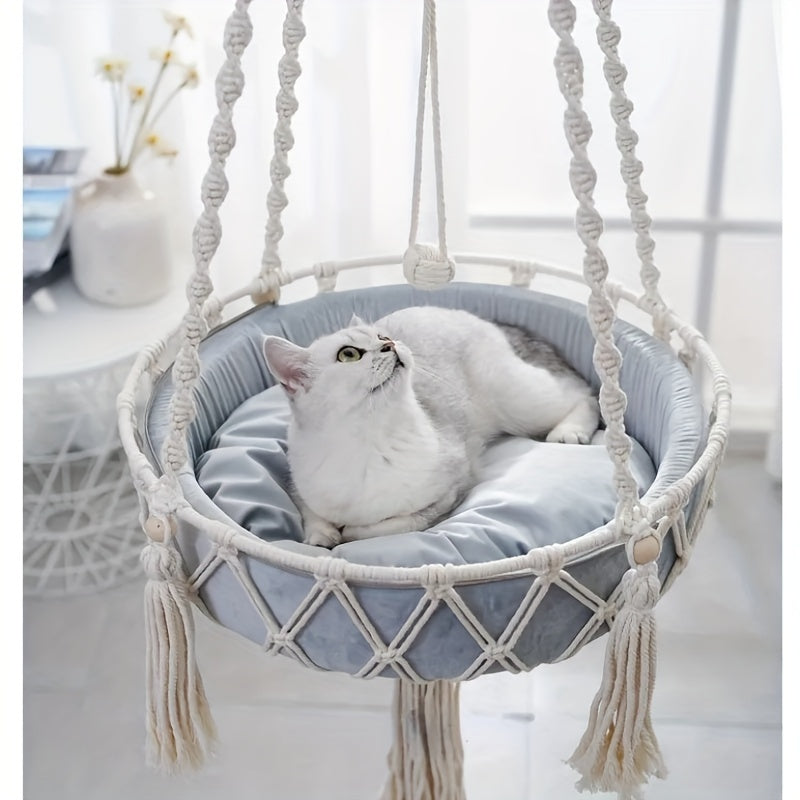 Hanging Cat Swing Bed, Woven Rope Cat Hammock Basket, Comfortable Pet Cradle Pet Swing Bed For Indoor Cats