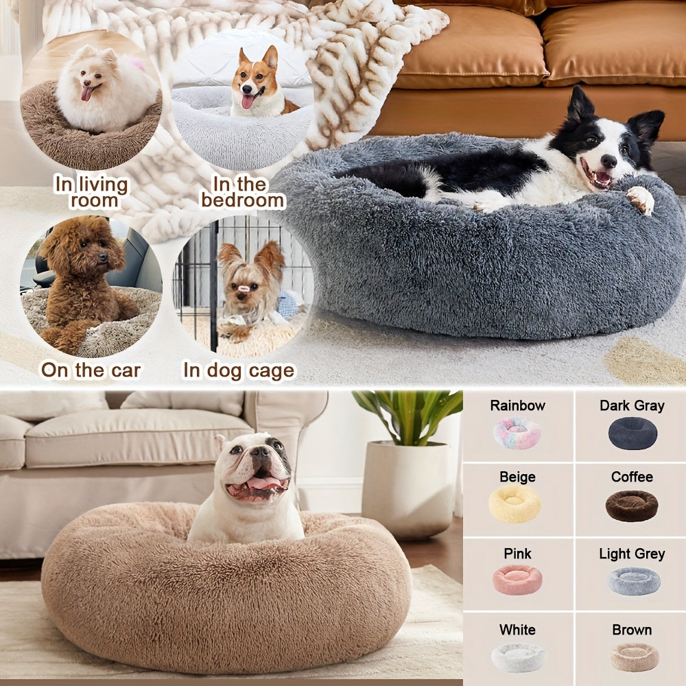 Cozy Anti-Anxiety Donut Cuddler Bed Plush Faux Fur Cushion for Dogs and Cats Calming Warming Design for Small Medium Large Pets