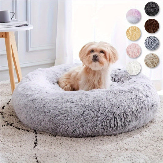 Cozy Anti-Anxiety Donut Cuddler Bed Plush Faux Fur Cushion for Dogs and Cats Calming Warming Design for Small Medium Large Pets