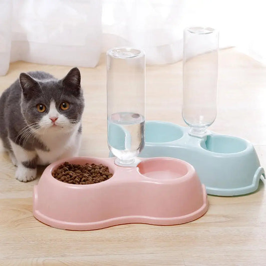 Plastic Double Bowl Pet Feeder for Cats Dogs Automatic Food Utensil with Kettle Non-slip Water Dispenser