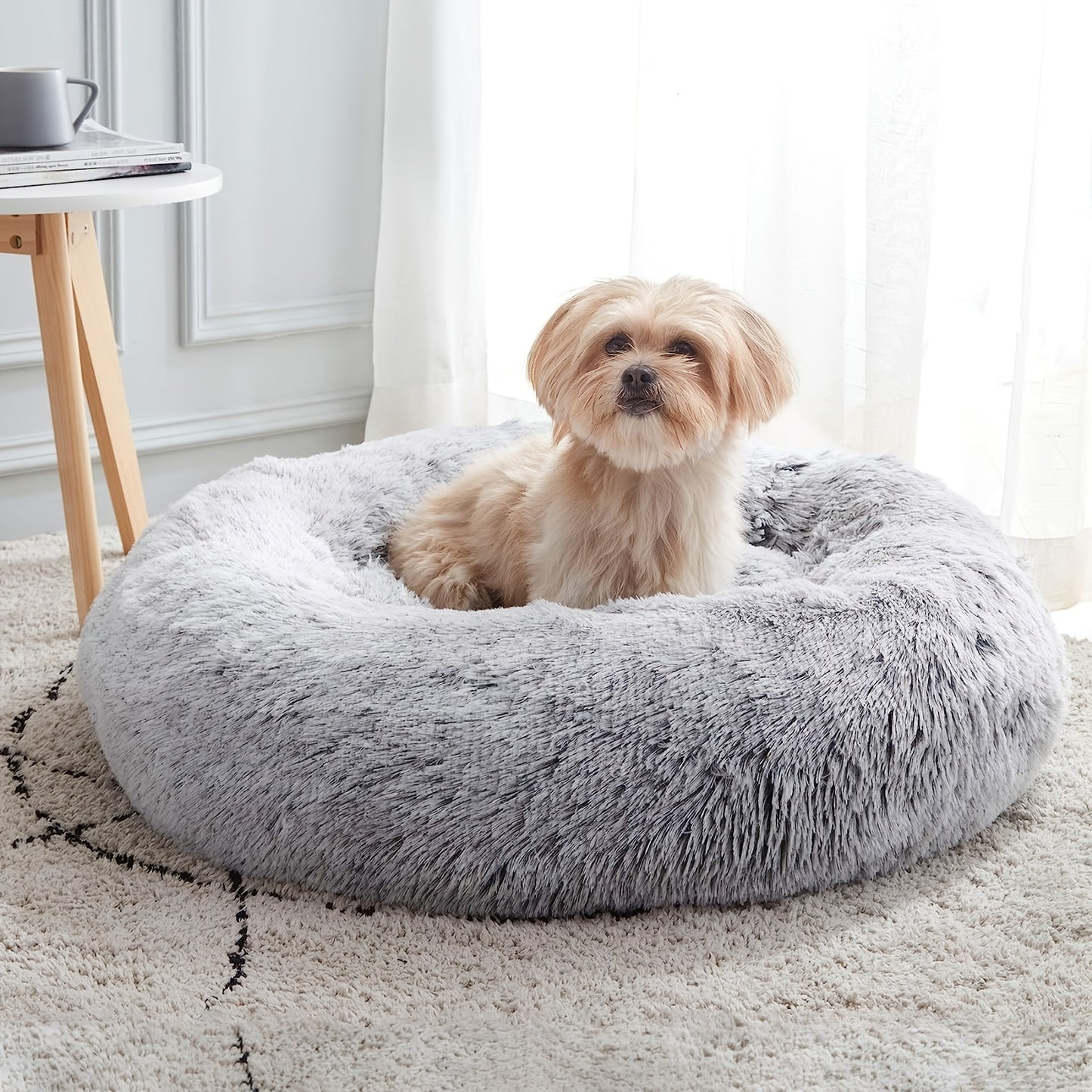 Calming Donut Cuddler Bed Warming Cozy Soft Round Faux Fur Plush Cushion Pet Bed