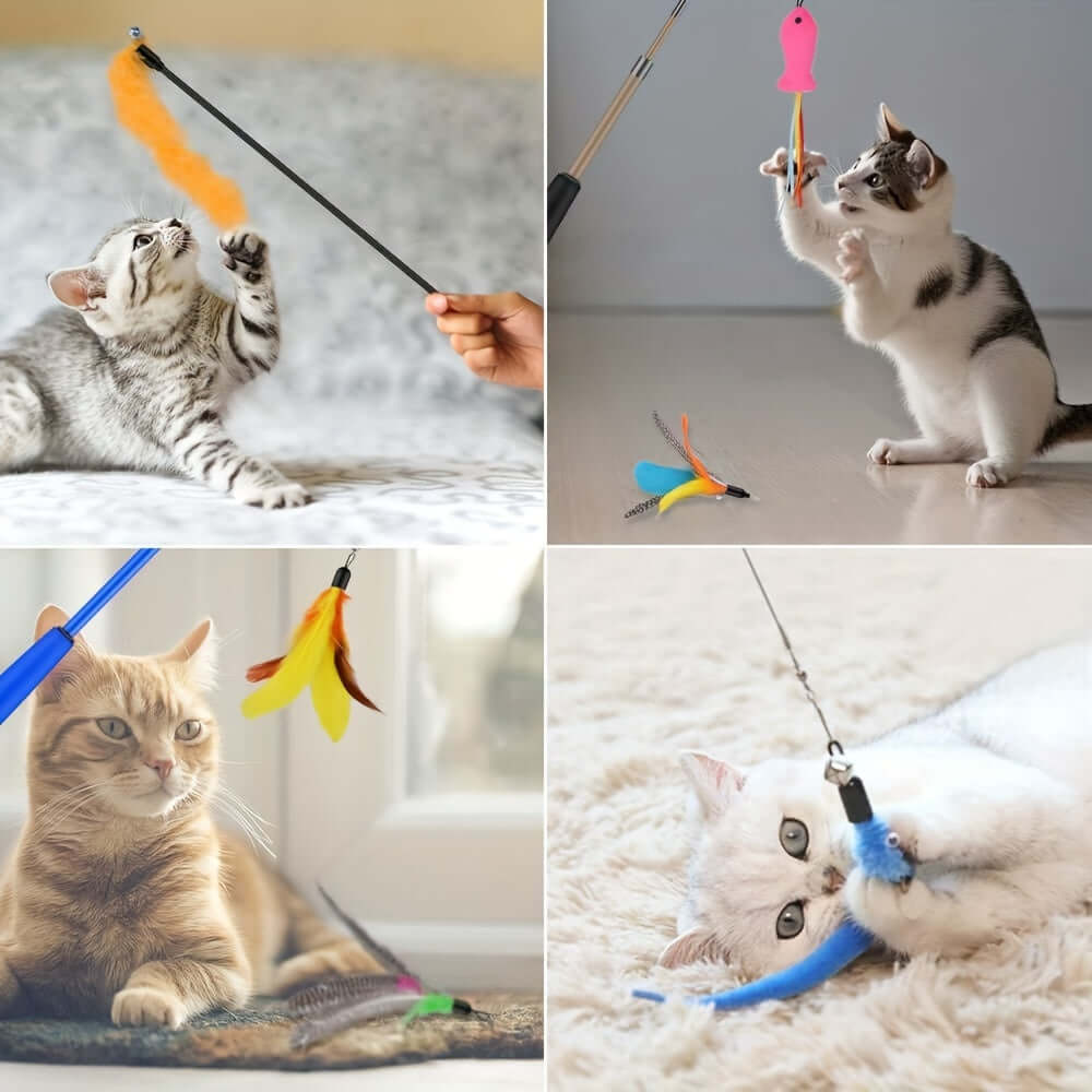 Cat Feather Toys, 2PCS Retractable Cat Wand Toy and 13PCS Replacement Teaser with Bell Refills, Interactive Cat Wand for Kitten